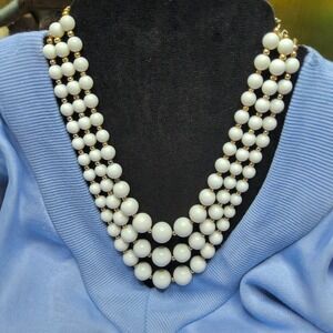 Vintage Japan 3 Strand White Glass Bead Necklace | Mid Century Gold Tone